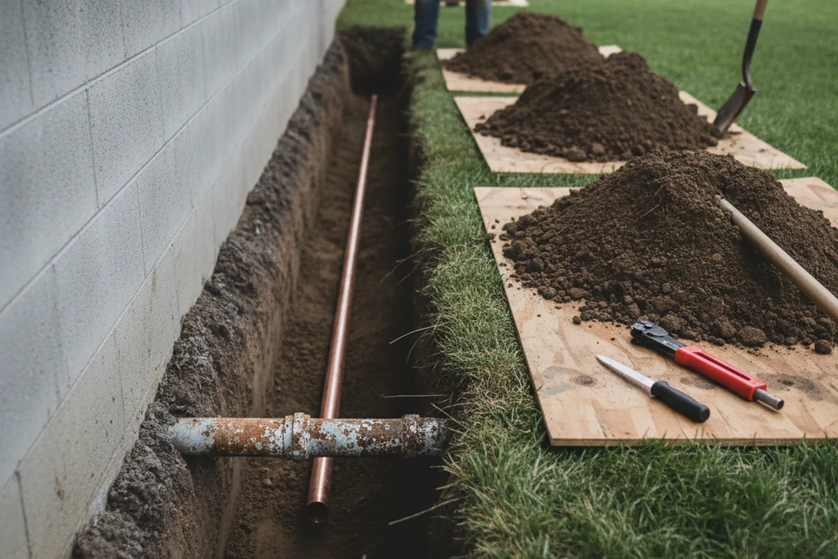 Excavated water line trench during Water Heater Repair in Barnwell